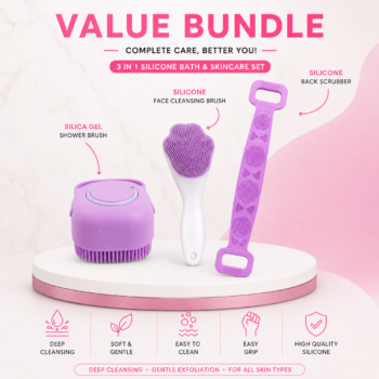 3 in 1 Silicone Bath & Skincare Value Bundle ? Shower Brush, Back Scrubber & Face Cleansing Brush Set