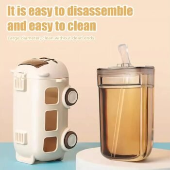 School Bus Design Kids Water Bottle With Strap? 600ml ABS Plastic Leak-Proof Bottle Small Square Drinking Cup ? Fun & Durable Water Bottle for Children (Random Color)